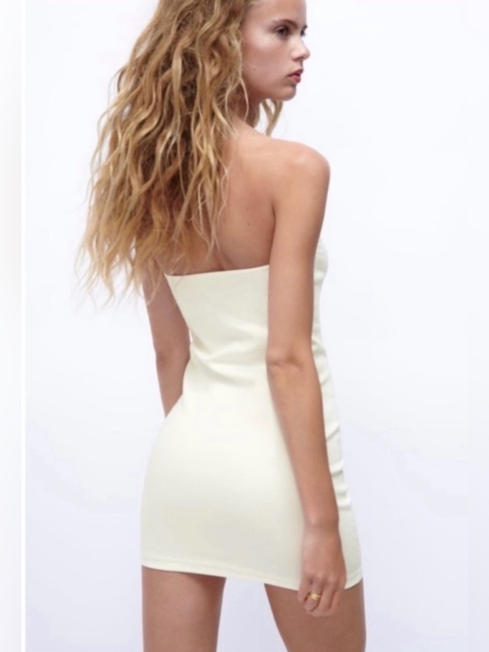 New ZARA Denim Bandeau Mini Dress Bodycon White Strapless, Size Medium